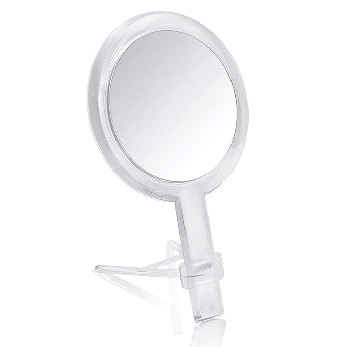 1X & 10X Magnifying Double Side Hand Makeup Mirror with Stand, Handheld Vanity Mirror, Clear