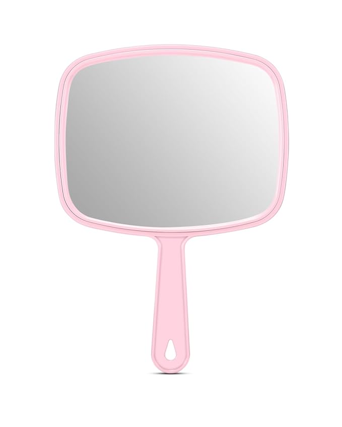 PROTECLE Large Hand Mirror, Salon Barber Hairdressing Handheld Mirror with Handle (Square Pink 10.3"x7.4")