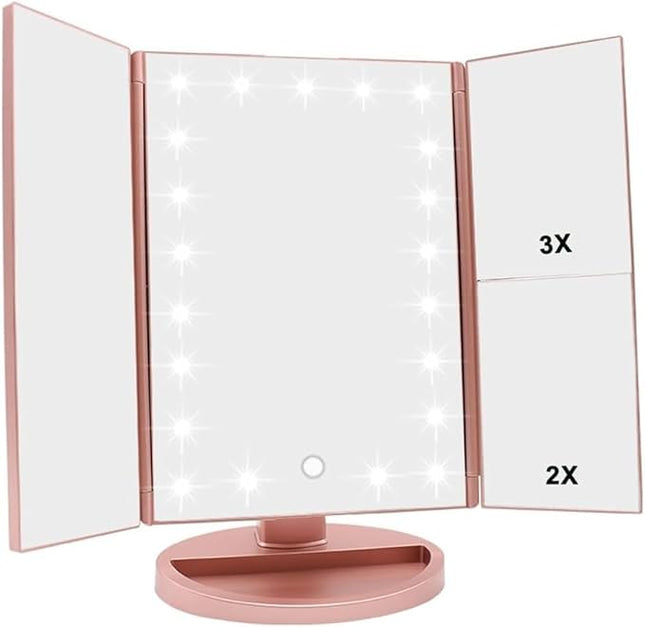 WEILY Makeup Mirror with 21 LED Lights,Two Power Supply Modes, Adjustable Touch Screen and 1x/2x/3x Magnification Tri-Fold Vanity Mirror,Chargeable Travel Cosmetic Mirror for Desktop(Rose Pink)