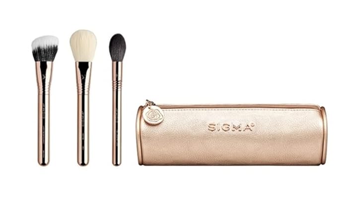 Sigma Beauty Bloom + Glow Makeup Brush Set – Set of 3 Face Makeup Brushes for Blush, Contour, Bronzer, and Highlighter, Includes Stylish Rose Gold Small Makeup Bag (4 Pcs)