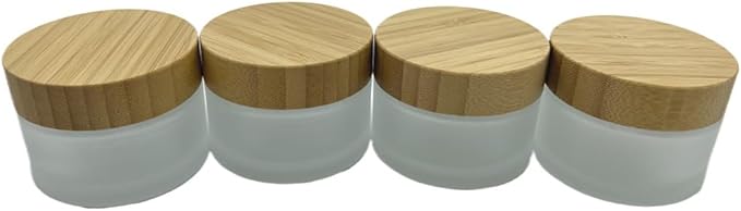 Empty Refillable Frosted Glass Cosmetic Cream Jar 4 Pack 1.6 OZ/50g with Bamboo Lids,Skin Care Travel Containers Pot for Clay Masks,Butter,Body Scrub,Lip Balm, Ointments, Lotion Frost