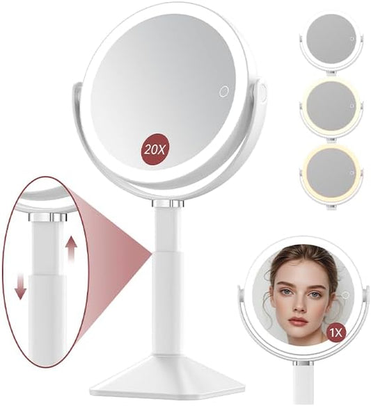 Benbilry 20X Magnifying Mirror with Light, Rechargeable 4000mAh Lighted Makeup Mirror with Magnification, Adjustable Height, 3 Color Modes, 2-Sides Vanity Mirrors for Desk Bathroom Bedroom
