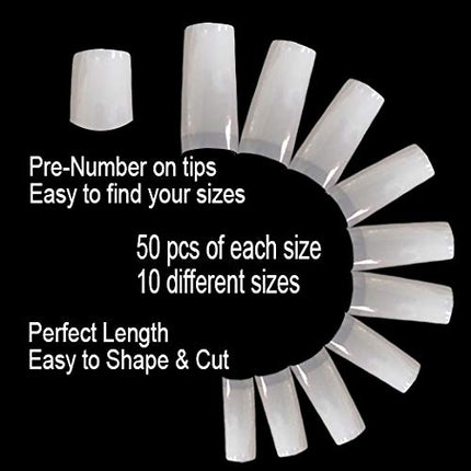 VIVACE Natural Royal Salon 500 Artificial Fake False Gel Nail Tips, 10 Sizes With Clear Plastic Case for Nail Salon Nail shop