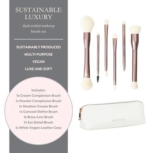 Luxury Dual Ended Makeup Brush Set, 6 Makeup Brushes, Professional & Travel Makeup Brush Set with White Leather Case, 2.5x More Vegan, Soft Bristles for Full Face Flawless Application.