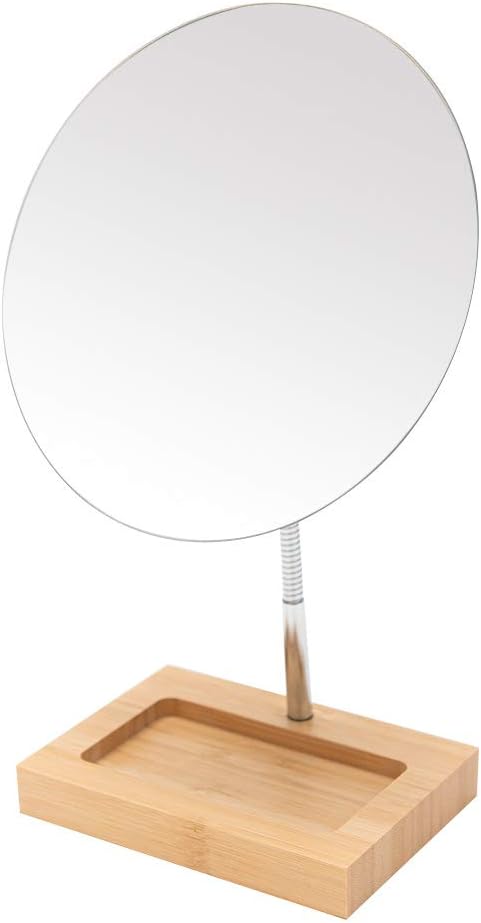 YEAKE Flexible Gooseneck Bamboo Vanity Makeup Mirror,360°Rotation 8" Large Frameless Vanity Mirror Folding Portable Table Desk Mirror with Stand Bathroom Shaving Make Up Mirrors Round