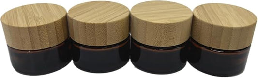 Empty Refillable Frosted Glass Cosmetic Jar 4 Pack 15g/0.5oz with Bamboo Lids,Skin Care Travel Containers Pot Vial Holder Sample Storage for Eye Cream Lotion Ointments Lip Balm Brown