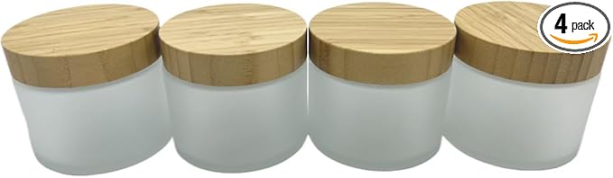 Empty Refillable Frosted Glass Cosmetic Cream Jar 4 Pack 6.7 OZ/200g with Bamboo Lids,Skin Care Travel Containers Pot for Clay Masks,Butter,Body Scrub,Lip Balm, Ointments, Lotion Frost