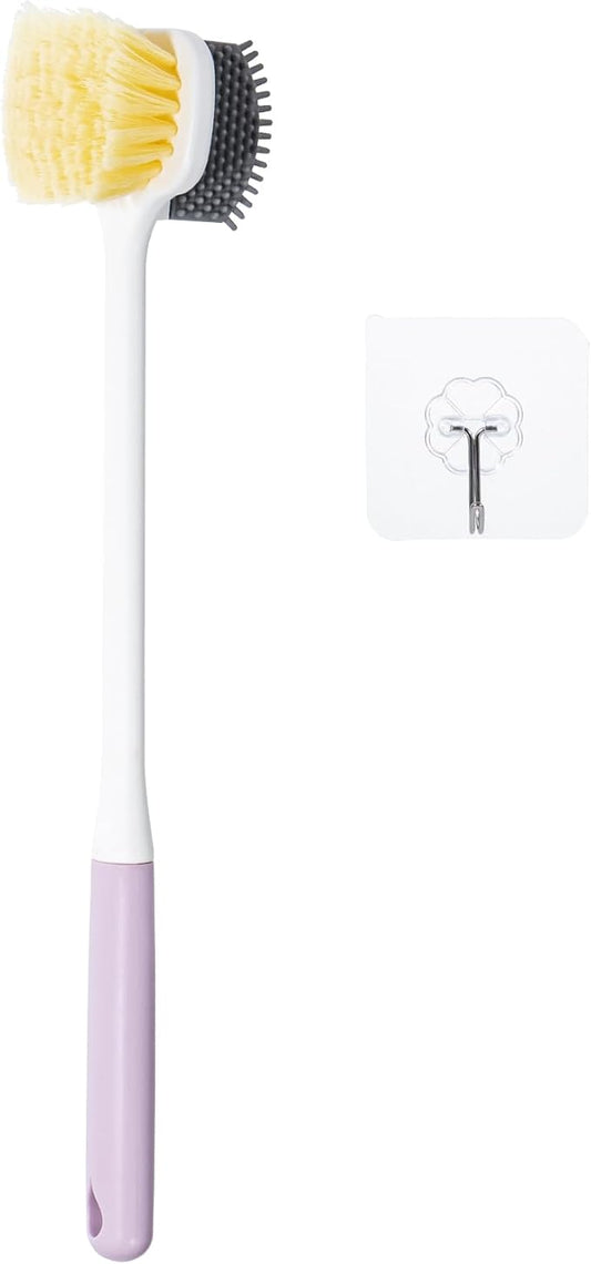 Foot Scrubber Toe Cleaning Brush, Shower Foot Scrubber with Long Handle, Double-Sided Silicone and Soft Bristle Brush for Skin Exfoliation, Seniors, Adults, Purple