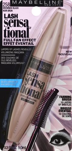 Maybelline Lash Sensational Waterproof Mascara, Lengthening and Volumizing for a Full Fan Effect, Brownish Black, 1 Count