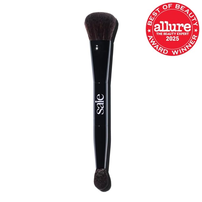 Saie The Double Brush - Multi-Use Dual Ended Makeup Brush To Highlight, Contour and Conceal - Large Ended Face Brush For Sculpting + Precise Application - Vegan, Cruelty-Free (1 Count)