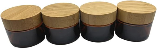 Empty Refillable Brown Glass Cosmetic Cream Jar 4 Pack 1.6 OZ/50g with Bamboo Lids,Skin Care Travel Containers Pot for Clay Masks,Butter,Body Scrub,Lip Balm, Ointments, Lotion