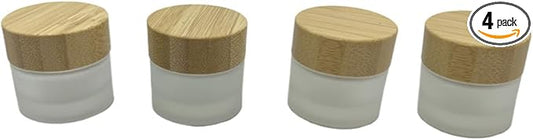 Empty Refillable Frosted Glass Cosmetic Jar 4 Pack Mini 10g/0.33oz with Bamboo Lids,Skin Care Travel Containers Pot Vial Holder Sample Storage for Eye Cream Lotion Ointments Lip Balm