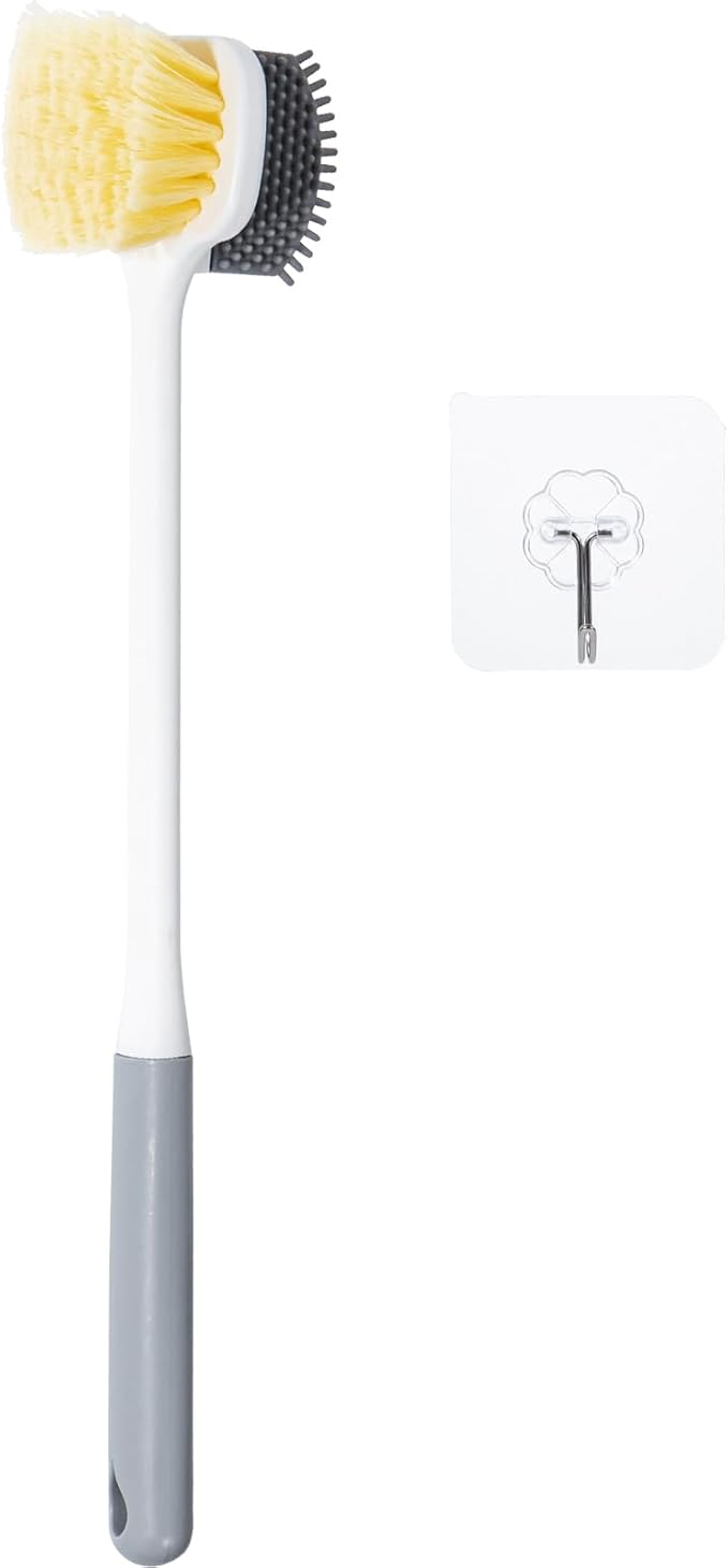 Foot Brush for Shower, Toe Scrubber Brush Long Handle 13.78”, 2 in 1 Silicone and Soft Bristle Brushes for Toe Gap Cleansing and Scrubbing, Skin Exfoliation, Seniors, Adults, Grey