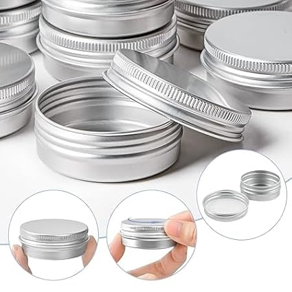 TUZAZO 48Pack 1/2 Oz Aluminum Tin Cans with Screw Lid and Labels, Refillable Travel Sized Cosmetic Containers Small Tins for Lip Balms, Salves, Lotion Bars, Candles