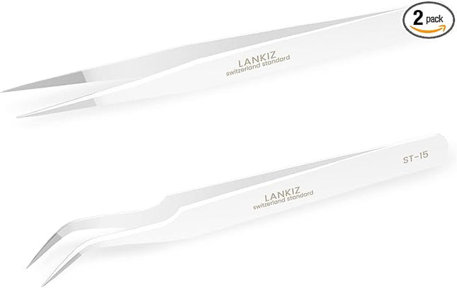 LANKIZ Eyelash Extension Tweezers Stainless Steel Straight and Curved Volume Lash Tweezers Set of 2 for Professional Eyelash Extension Application -White pinzas para pestaas pelo a pelo