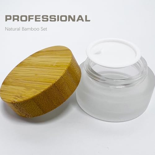 Empty Refillable Frosted Glass Cosmetic Cream Jar 4 Pack 1 OZ/30g with Bamboo Lids,Skin Care Travel Containers Pot for Clay Masks,Butter,Body Scrub,Lip Balm, Ointments, Lotion Frost