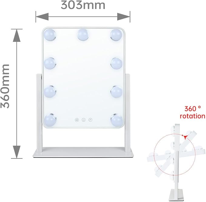 Hollywood Vanity Mirror with Lights,Tabletop Makeup Mirror with 9 LED Lights Smart Touch Control 3 Colors Light 360°Rotation Detachable 10X Magnification