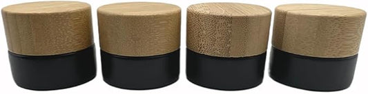 Empty Refillable Matt Black Glass Cosmetic Cream Jar 4 Pack 0.17 OZ/5g with Bamboo Lids,Skin Care Travel Frost Containers Pot for Eye Cream Lotion Ointments Lip Balm