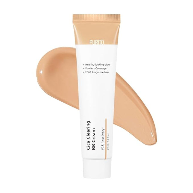 PURITO Cica Clearing BB Cream #15 Rose Ivory 1 fl.oz / 30ml, Vegan bb cream, foundation, cruelty free