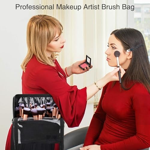 Makeup Brush Case Stand-up Makeup Cup Travel Professional Cosmetic Bag Artist Storage Bag Large Makeup Brush Bag with Adjustable Divider (Large, Black)