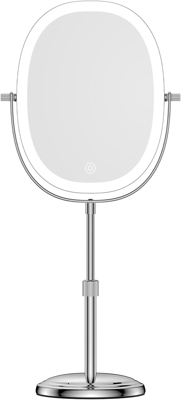 DOWRY Lighted Makeup Mirror with 7X Magnification, Height Adjustable Vanity Mirror, Rechargeable 3 Color Lights Lighted Makeup Mirror, 360° Swivel Double Sided Magnifying Mirror