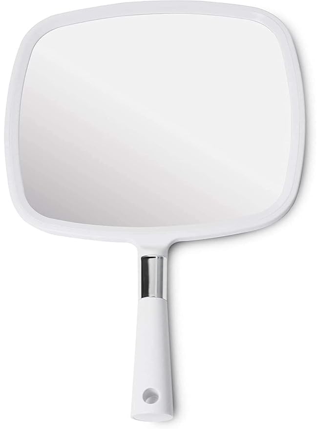 MIRRORVANA Large Hand Held Mirror with Comfy Handle for Women and Men - Personal Barber Haircut Mirror to See Back of Head - Espejo de Mano - 9" x 13" (White)