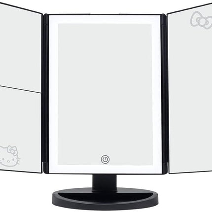 Impressions Vanity Hello Kitty Mirror with Lights, Trifold LED Tri Tone Makeup Mirror with Touch Sensor and Three Adjustable Mirror Panels, Handheld Magnifying Makeup Mirror (Black)