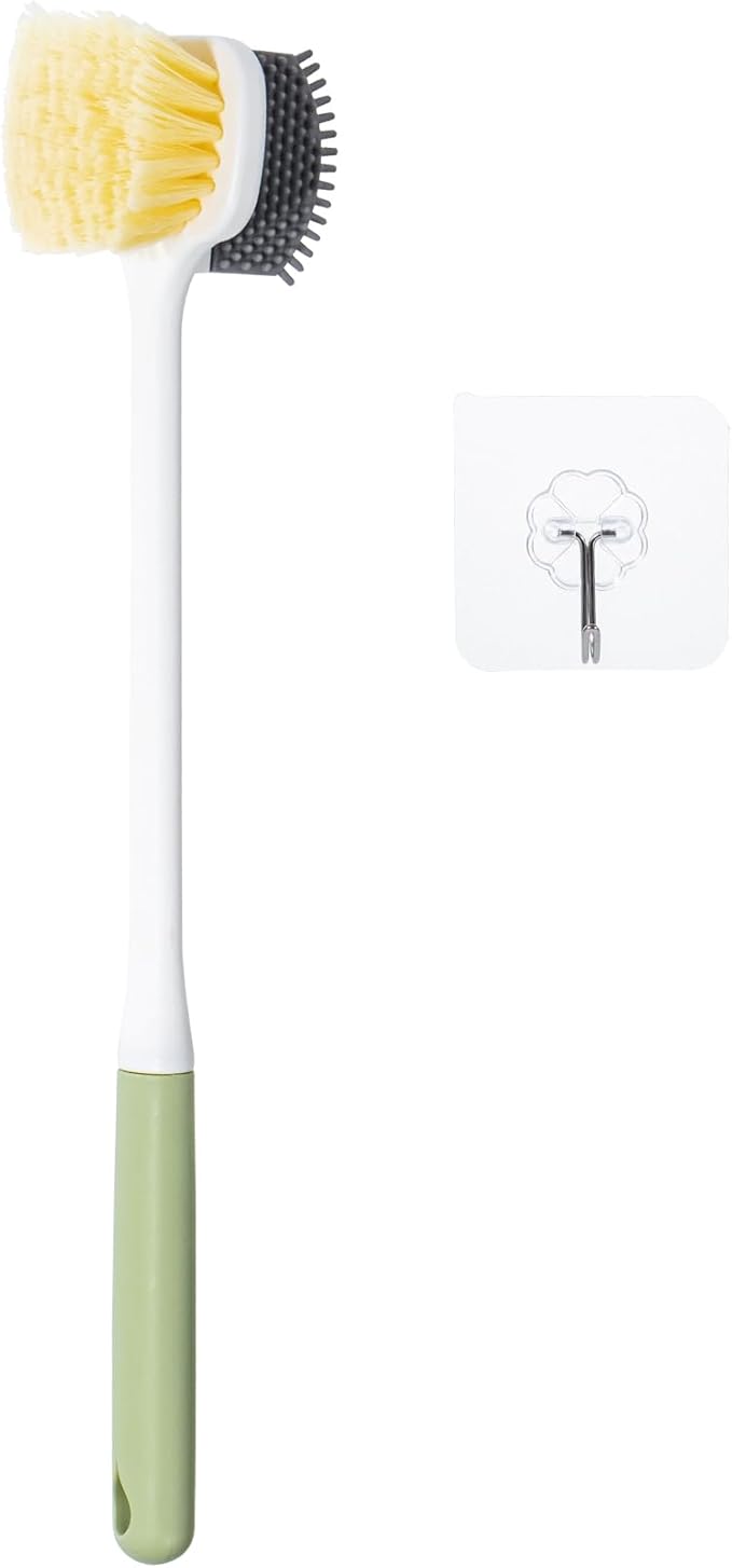 Foot Scrubber Toe Cleaning Brush, Shower Foot Scrubber with Long Handle, Double-Sided Silicone and Soft Bristle Brush for Skin Exfoliation, Seniors, Adults, Green