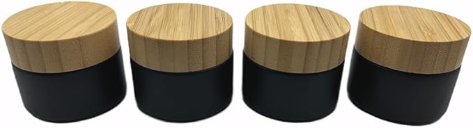 Empty Refillable Matt Black Glass Cosmetic Cream Jar 4 Pack 1.6 OZ/50g with Bamboo Lids,Skin Care Travel Frost Containers Pot for Clay Masks,Butter,Body Scrub,Lip Balm, Ointments, Lotion