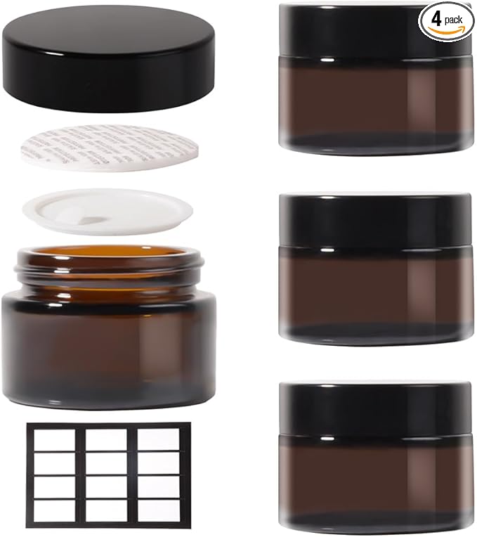 4 pack 1oz Glass Jars Round Empty Cosmetic Containers, Refillable Glass Jars with Lids for Face Creams, Lotions, Powders,Salves Ointments,Potravel Storage