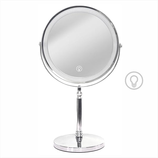 Makeup Mirror with Lights ，8 Inch 1X/10X Rechargeable Double Sided Magnifying , 360° Rotation LED HD Mirror with 3 Colors，Brightness Adjustable, Ideal for Daily Skincare and Professional Makeup