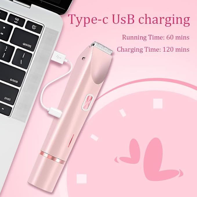 Bikini Trimmer for Women, Electric Shaver and Razor Rechargeable 2-in-1 Body and Facial Epilator, Dual Heads for Painless Trimming of Pubic Hair, Face, Underarms and Legs, Summer Gift