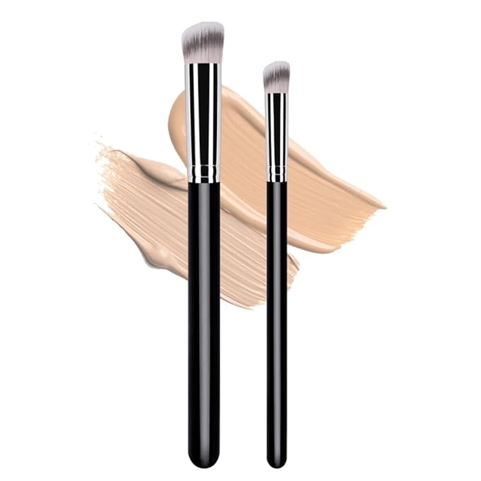 2Pcs Concealer Brush Set, Dense Mini Angled Kabuki Makeup Brush for Blending Under Eye Concealer, Detailed Nose Contour Setting Powder, Foundation & Eyeshadow, 270+370