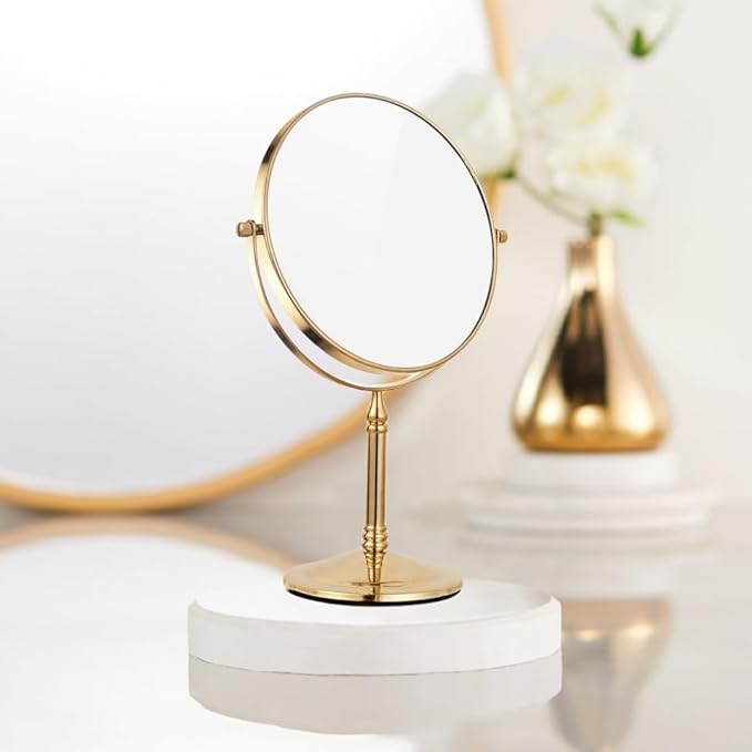 Gold Makeup Mirror 1X/10X Free Standing for Bathroom 8 Inches 360 Swivel Dual-Sided Tabletop Makeup Mirror, Metal