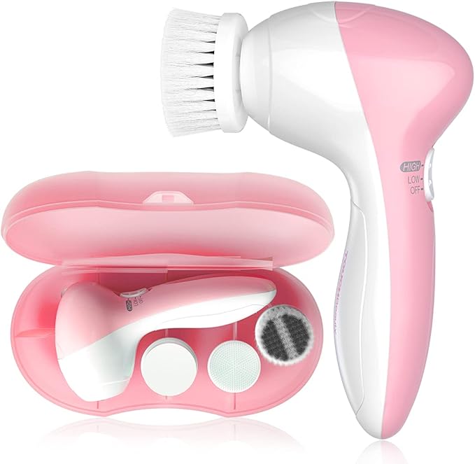 Electric Facial Cleansing Brush for Women, 3-in-1 Face Cleanser and Exfoliator Brush with 3 Brush Heads, 2 Speeds, Waterproof Spin Brush, Travel Size Case (Pink, Battery Operated)
