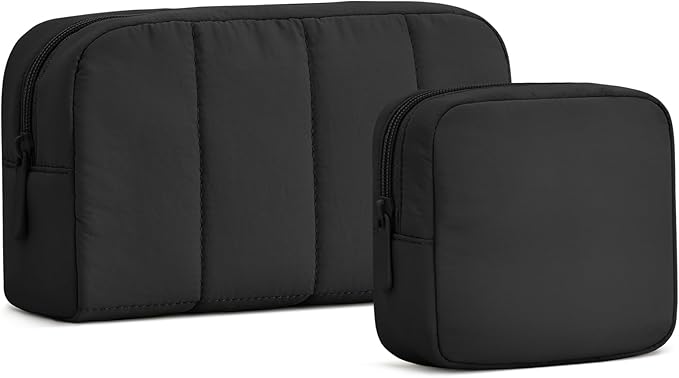 oscaurt 2 Pcs Makeup Bag Travel Toiletry Bag for Women Puffy Padded Cosmetic Pouch Purse Wide-open Makeup Organizer Case Travel Essentials