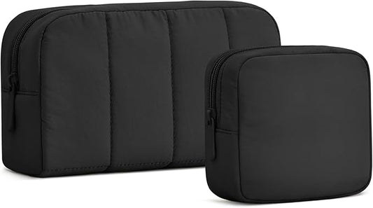 oscaurt 2 Pcs Makeup Bag Travel Toiletry Bag for Women Puffy Padded Cosmetic Pouch Purse Wide-open Makeup Organizer Case Travel Essentials