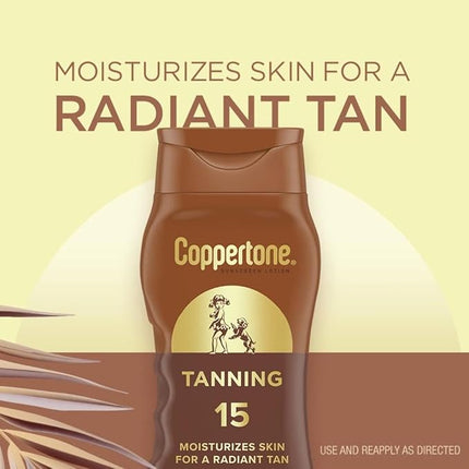 Coppertone Tanning Sunscreen Lotion, SPF 15, Broad Spectrum, Water Resistant | Vitamin E Enriched | Free of Harmful Chemicals | 16 Fl Oz | Pack of 2