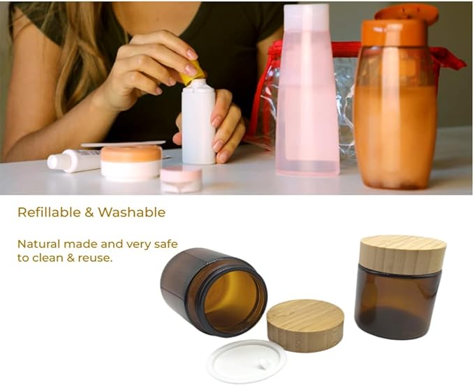Empty Refillable Brown Glass Cosmetic Cream Jar 4 Pack 3.3 OZ/100g with Bamboo Lids,Skin Care Travel Containers Pot for Clay Masks,Butter,Body Scrub,Lip Balm, Ointments, Lotion