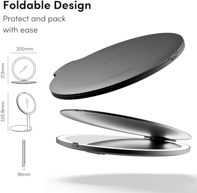 Fancii Abigail Rechargeable Travel Makeup Mirror with LED Light, 8" Foldable Stand, 3 Color Lighting Travel Mirror. Dimmable & Lightweight Portable Vanity Mirror, Beauty Travel Essential (Black)