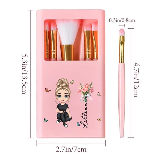 CALLIE Personalized Travel Makeup Brushes Set with Mirror | 5 Pcs | Custom Birth Flower and Cartoon Character on mini Makeup Brushes Storage Box | Birthday Christmas Bridal Shower Gift for Women