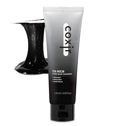 coxir TXA Mucin All-in-One Pore Mask Cleanser – Quick 1–2 Min Gel-to-Foam Wash-Off Face Mask + Cleanser, Charcoal & Snail Mucin, Deep Pore Cleansing, Blackhead Care, Hydrating, Korean Skin Care, 120ml