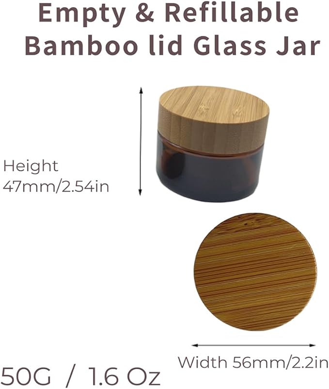 Empty Refillable Brown Glass Cosmetic Cream Jar 4 Pack 1.6 OZ/50g with Bamboo Lids,Skin Care Travel Containers Pot for Clay Masks,Butter,Body Scrub,Lip Balm, Ointments, Lotion