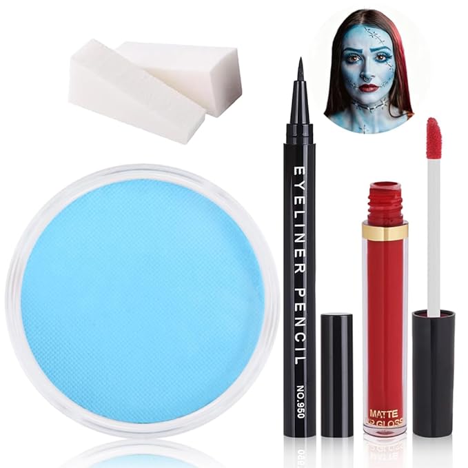 Sally Makeup Kit, Corpse Bride Halloween SFX Makeup Kit, Sally Face Costume Cosplay Accessories for Women Girls, Water Activated Light Blue Face Body Paint+Red Lipstick+Black Eyeliner+Sponges