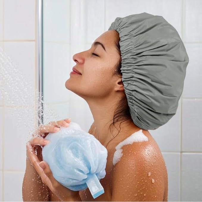 Reusable Shower Cap for Women, Large Waterproof Shower Essentials Bonnet Washable Elastic Band Bath Hair Wrap Hat for Long Hair, Braids(Dark Grey)