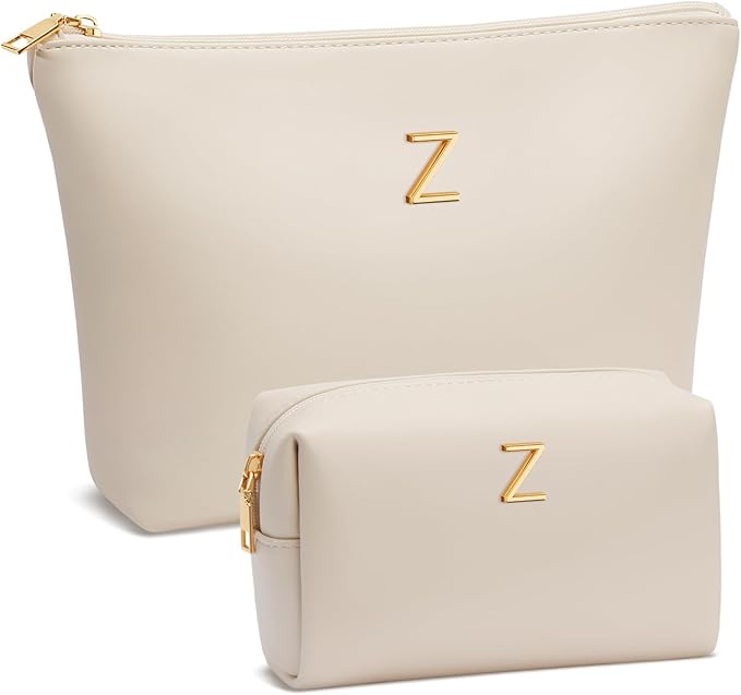 Women Gifts | Initial Makeup Bag Set for Girl Personalized Gifts for Bridesmaid Friend Graduation Teachers PU Leather Cosmetic Travel Toiletry Bag(Beige,Z)