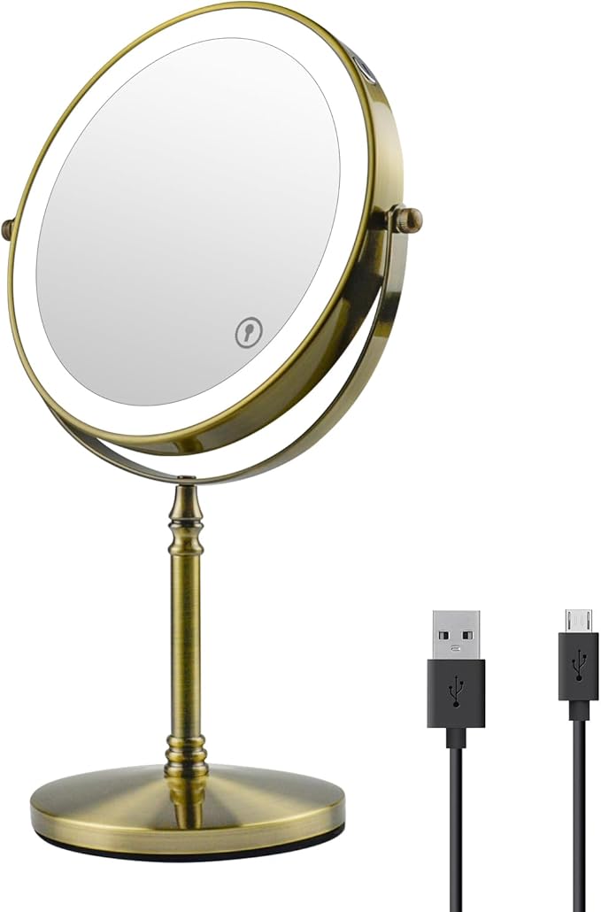 Nicesail Makeup Mirror with Light, Magnifying Mirror with 3 Color Lighting Adjustable Brightness, 360 Rotation Double Sided for Table, Antique Bronze (8 Inch, 7X Magnification)