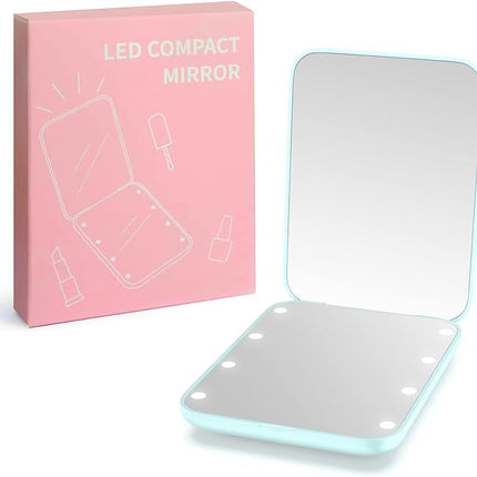 WOBSION Small Mirror with Lights,LED Compact Makeup Mirror,1x/3x Mini Travel Mirror with Magnification,Portable for Purse,Pocket,Gifts for Girls,Cyan