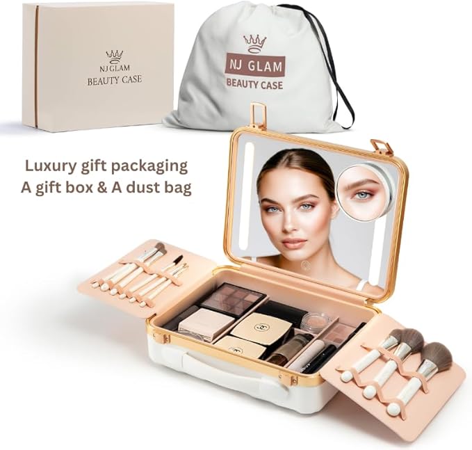 Lighted Makeup Case with Mirror - Portable Travel Makeup Organizer with LED Mirror, 3 Light Settings, Rechargeable Makeup Bag with Mirror and Light - Mini 10x Mirror included