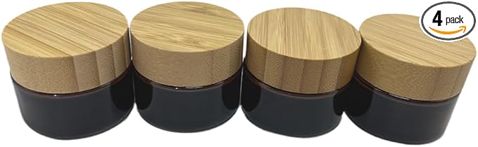 Empty Refillable Frosted Glass Cosmetic Cream Jar 4 Pack 1 OZ/30g with Bamboo Lids,Skin Care Travel Containers Pot for Clay Masks,Butter,Body Scrub,Lip Balm, Ointments, Lotion Brown